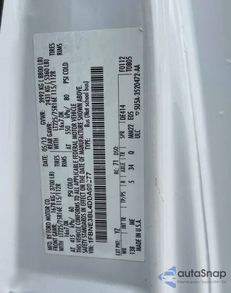 2013 Ford Econoline E350 Super Duty Wagon из США, поврежденный, VIN 1FBNE3BL4DDA99277